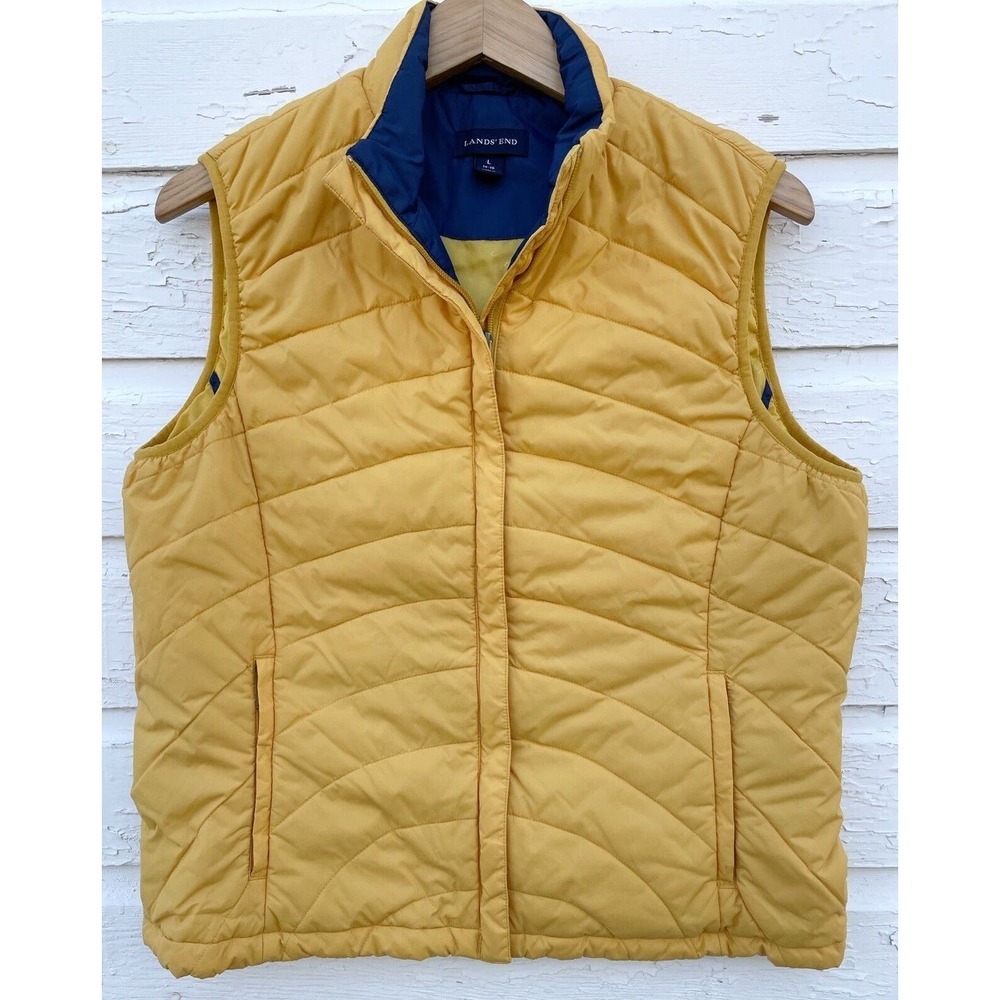 Lands' End Quilted Puffer Vest in Mustard Yellow with Navy Trim
